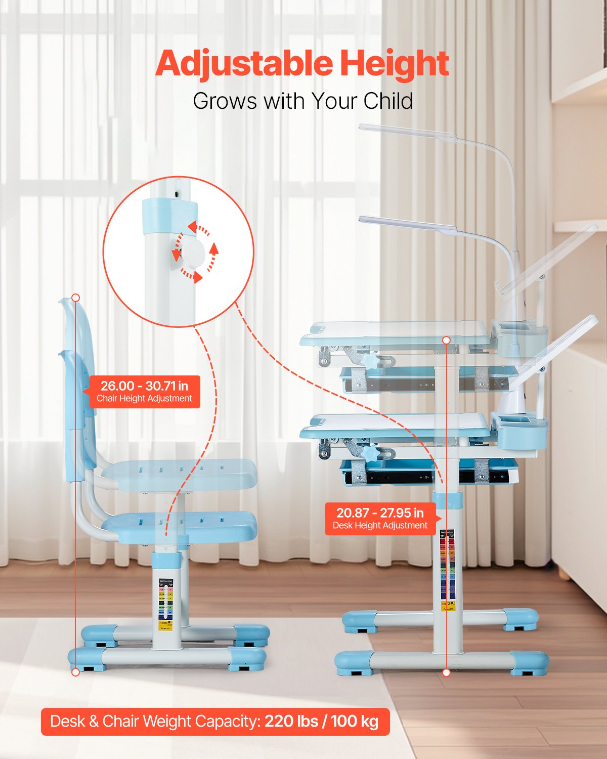 Kinder-Schreibtisch-Set mit Stuhl und Schreibtisch, inklusive Tischlampe, höhenverstellbar und 0–40° neigbare Tischplatte, ideal für Kinderzimmer und Arbeitszimmer, Blau