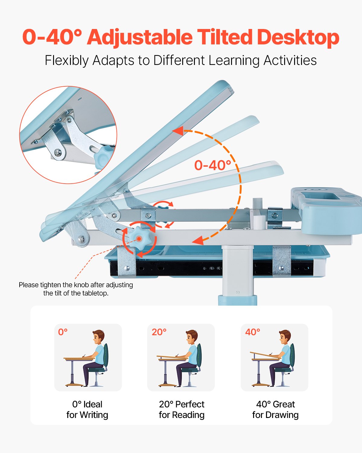 Kinder-Schreibtisch-Set mit Stuhl und Schreibtisch, inklusive Tischlampe, höhenverstellbar und 0–40° neigbare Tischplatte, ideal für Kinderzimmer und Arbeitszimmer, Blau