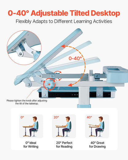 Kinder-Schreibtisch-Set mit Stuhl und Schreibtisch, inklusive Tischlampe, höhenverstellbar und 0–40° neigbare Tischplatte, ideal für Kinderzimmer und Arbeitszimmer, Blau