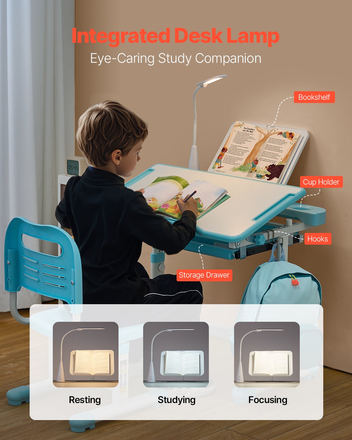 Kinder-Schreibtisch-Set mit Stuhl und Schreibtisch, inklusive Tischlampe, höhenverstellbar und 0–40° neigbare Tischplatte, ideal für Kinderzimmer und Arbeitszimmer, Blau