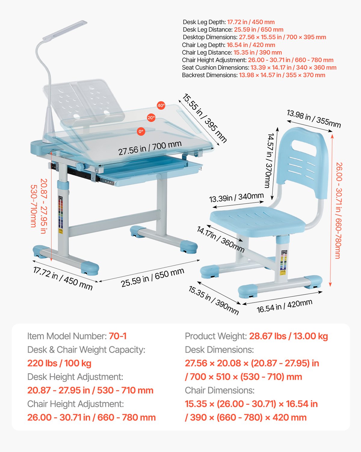Kinder-Schreibtisch-Set mit Stuhl und Schreibtisch, inklusive Tischlampe, höhenverstellbar und 0–40° neigbare Tischplatte, ideal für Kinderzimmer und Arbeitszimmer, Blau