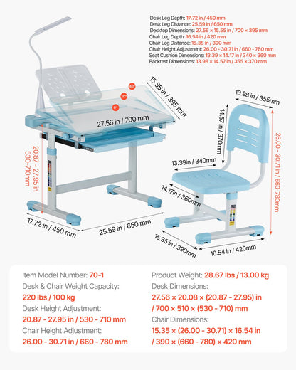 Kinder-Schreibtisch-Set mit Stuhl und Schreibtisch, inklusive Tischlampe, höhenverstellbar und 0–40° neigbare Tischplatte, ideal für Kinderzimmer und Arbeitszimmer, Blau