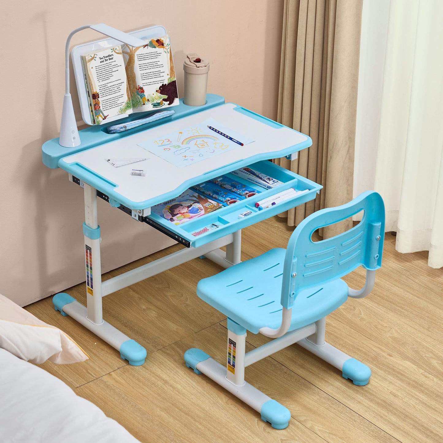 Kinder-Schreibtisch-Set mit Stuhl und Schreibtisch, inklusive Tischlampe, höhenverstellbar und 0–40° neigbare Tischplatte, ideal für Kinderzimmer und Arbeitszimmer, Blau