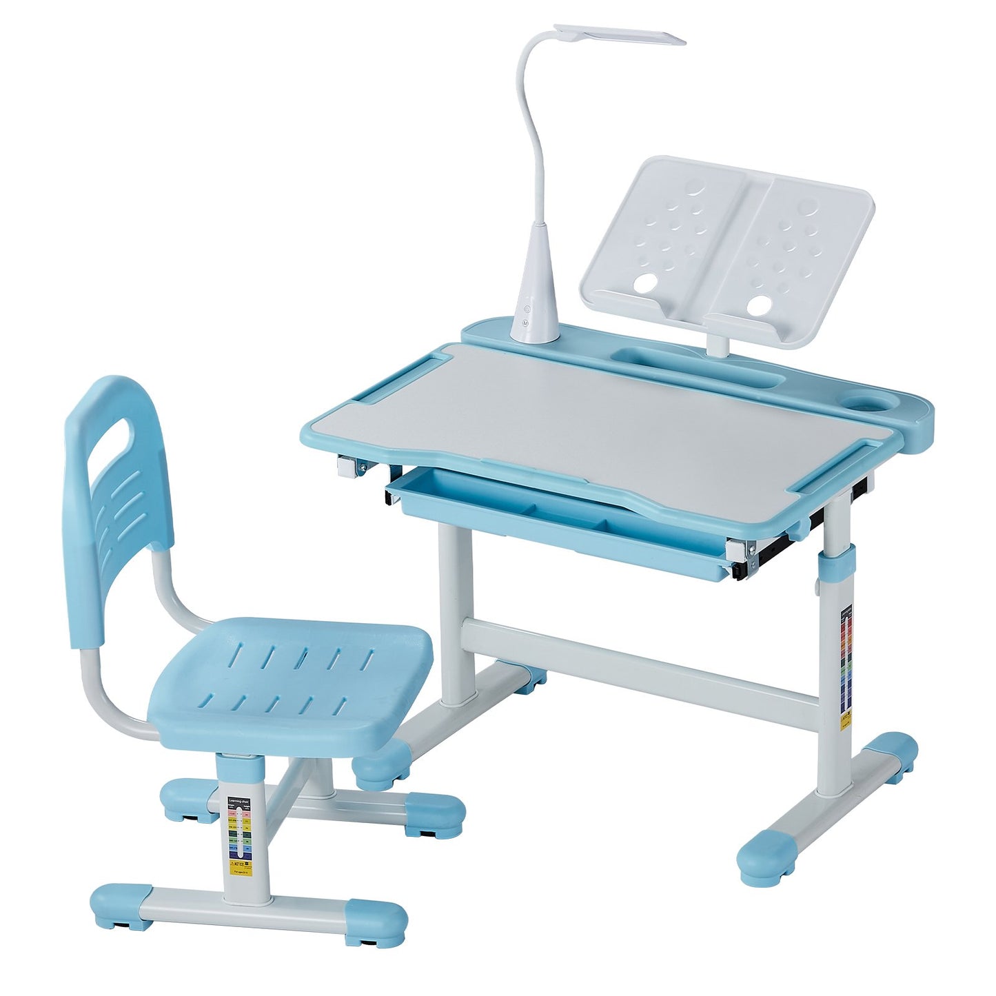 Kinder-Schreibtisch-Set mit Stuhl und Schreibtisch, inklusive Tischlampe, höhenverstellbar und 0–40° neigbare Tischplatte, ideal für Kinderzimmer und Arbeitszimmer, Blau