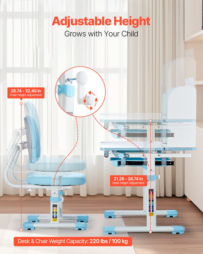 Kids Study Chair and Desk Set, Study Desk and Chair for Kids with Bookshelf & Storage Drawer, Adjustable Height & 0-40° Tilted Desktop Desk and Chair, Study Table for Bedroom & Study Room, Blue