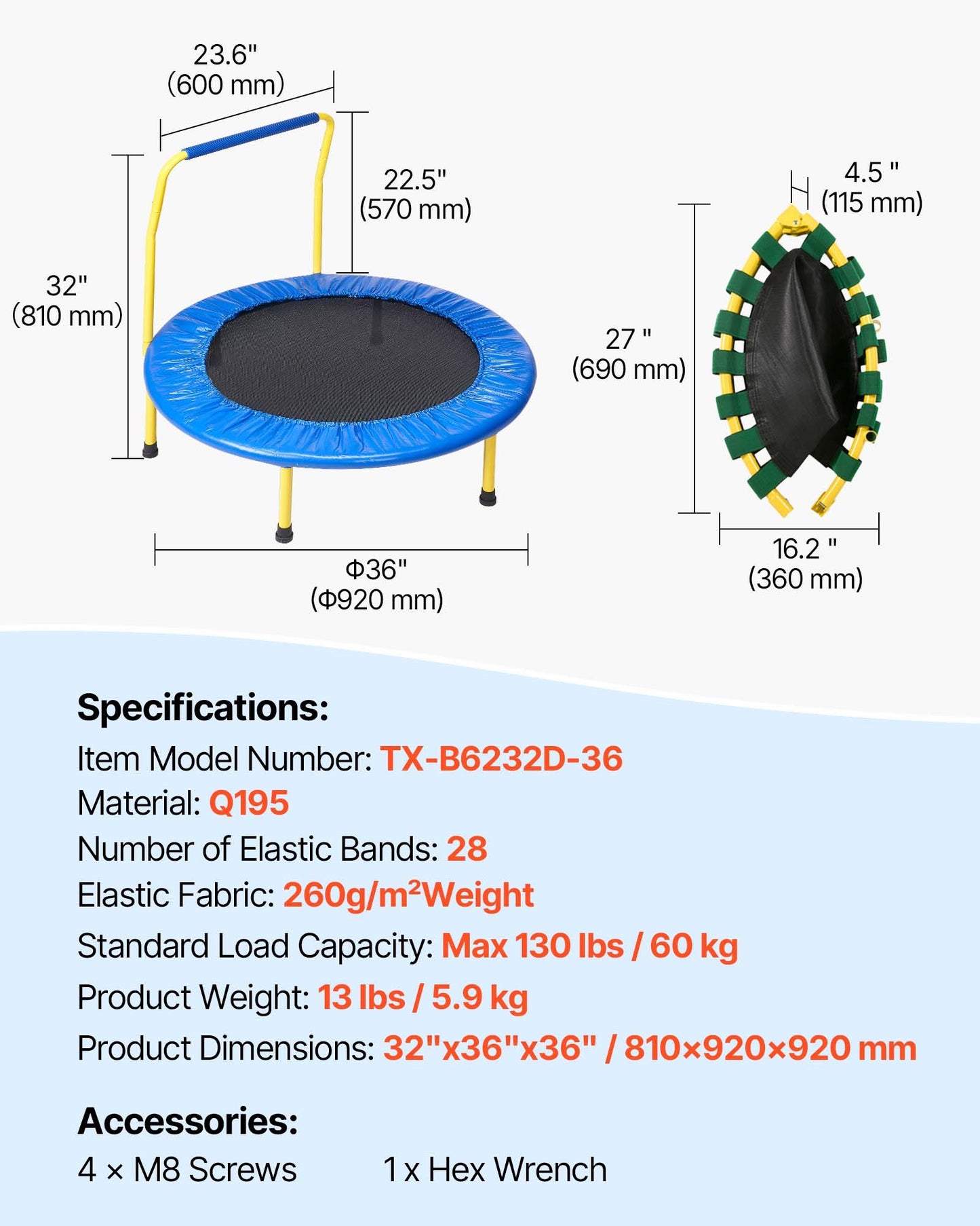 91.4 cm Trampoline for Kids, 91.4 cm Trampolines Indoor/Outdoor Trampoline for Toddlers, Foldable Mini Baby Trampoline with Foam Handle, Recreational Trampoline Birthday Gift for 3+ Years Kids
