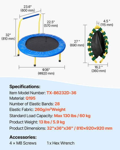 91.4 cm Trampoline for Kids, 91.4 cm Trampolines Indoor/Outdoor Trampoline for Toddlers, Foldable Mini Baby Trampoline with Foam Handle, Recreational Trampoline Birthday Gift for 3+ Years Kids