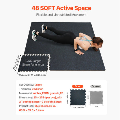 1,42 cm dicke Gymnastikmatten, 12 Fliesen mit Gummioberfläche und EVA-Schaum, 63,5 x 63,5 cm große Trainingsmatten mit 4,46 m² Abdeckung, ineinandergreifende Puzzle-Gymnastikmatten für Fitnessstudio, Zuhause, Garage, Schwarz &amp; Blau