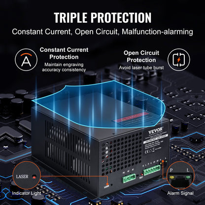 CO2-Laser-Netzteil, 100 W, Netzteil für 100-W-Laserröhre, Konstantstromschutz, Leerlaufschutz, schnelle Wärmeableitung, kompatibel mit Lasergravierern und -schneidern verschiedener Marken