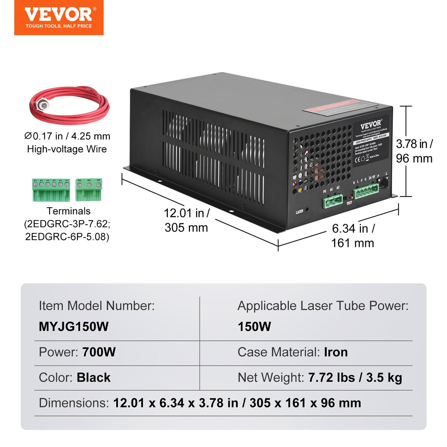 CO2-Laser-Netzteil, 150 W, Netzteil für 150-W-Laserröhre, Konstantstromschutz, Leerlaufschutz, schnelle Wärmeableitung, kompatibel mit Lasergravierern und -schneidern verschiedener Marken