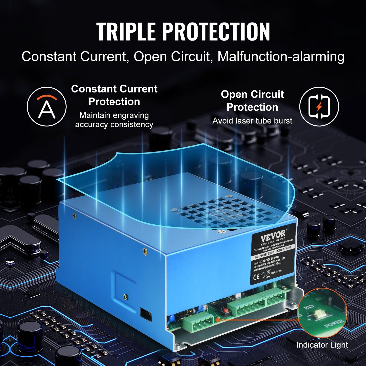 CO2-Laser-Netzteil, 40 W, Netzteil für 40-W-Laserröhre, Konstantstromschutz, Leerlaufschutz, schnelle Wärmeableitung, kompatibel mit Lasergravierern und -schneidern verschiedener Marken
