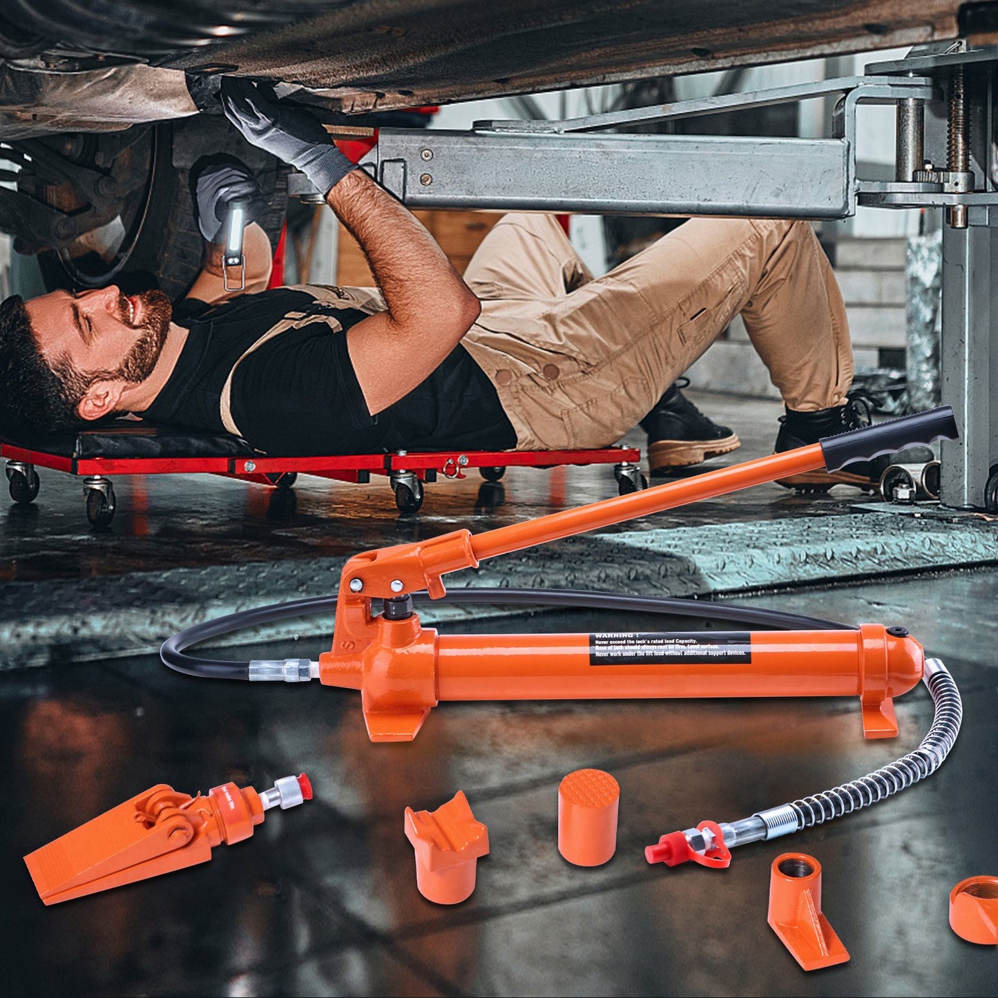 10-Tonnen-Porta-Power-Kit, tragbarer Hydraulikheber mit 1,4 m Ölschlauch, Karosserie-Reparaturset mit Aufbewahrungskoffer für Pkw, Lkw und Landwirtschaft