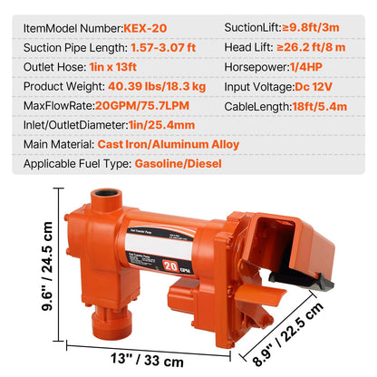Fuel Transfer Pump, 12V DC 20 GPM 1/4 HP, Gasoline Extractor Pump with Automatic Nozzle, Discharge Hose & Suction Pipe for Gasoline, Diesel, Kerosene, Ethanol & Methanol Blends, and Biodiesel
