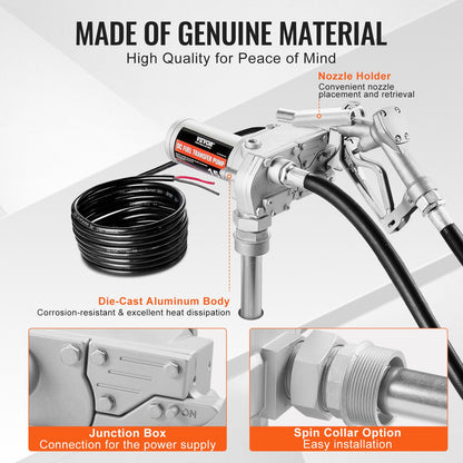 Fuel Transfer Pump, 12V DC 57L/min(15 GPM) 149W(1/5 HP), Gear-Type Electric Diesel Transfer Pump with Auto Shut-Off Fuel Nozzle, Long Inlet & Outlet Hose for Gasoline, Diesel, Kerosene, Ethanol Blends