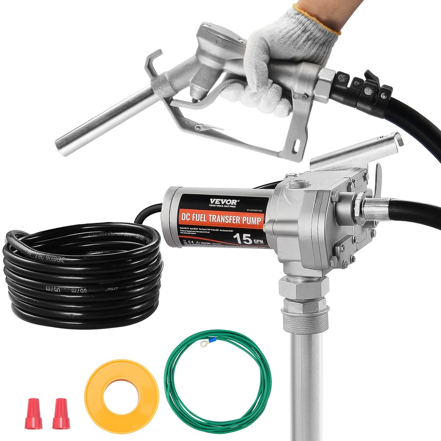 Fuel Transfer Pump, 12V DC 57L/min(15 GPM) 149W(1/5 HP), Gear-Type Electric Diesel Transfer Pump with Auto Shut-Off Fuel Nozzle, Long Inlet & Outlet Hose for Gasoline, Diesel, Kerosene, Ethanol Blends