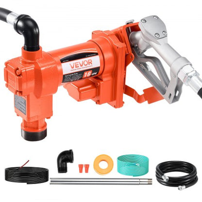 Fuel Transfer Pump, 12V DC 61 L/min(16 GPM) 186W(1/4 HP) Diesel Pump, Extractor Pumps with Manual Nozzle, Discharge Hose and Suction Pipe, for Gasoline, Diesel, Kerosene, Ethanol-Methanol Blends & Biodiesel