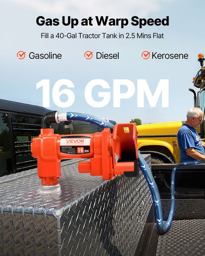 Fuel Transfer Pump, 12V DC 61 L/min(16 GPM) 186W(1/4 HP) Diesel Pump, Extractor Pumps with Manual Nozzle, Discharge Hose and Suction Pipe, for Gasoline, Diesel, Kerosene, Ethanol-Methanol Blends & Biodiesel