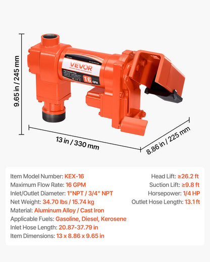 Fuel Transfer Pump, 12V DC 61 L/min(16 GPM) 186W(1/4 HP) Diesel Pump, Extractor Pumps with Manual Nozzle, Discharge Hose and Suction Pipe, for Gasoline, Diesel, Kerosene, Ethanol-Methanol Blends & Biodiesel