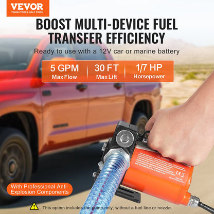 Kraftstoffförderpumpe, 12 V DC, 19 l/min (5 GPM), 75 W (1/10 PS), tragbare elektrische Dieselförderpumpe mit automatischer Abschaltfunktion der Kraftstoffdüse, langer Ein- und Auslassschlauch für Benzin, Diesel, Kerosin und Methanolgemische