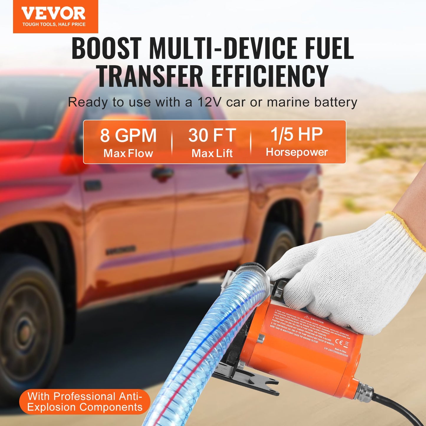 Kraftstoffförderpumpe, 12 V DC, 30 l/min (8 GPM), 124 W (1/6 PS), tragbare elektrische Dieselförderpumpe mit automatischer Abschaltfunktion der Kraftstoffdüse, langer Ein- und Auslassschlauch für Benzin, Diesel, Kerosin und Methanolgemische