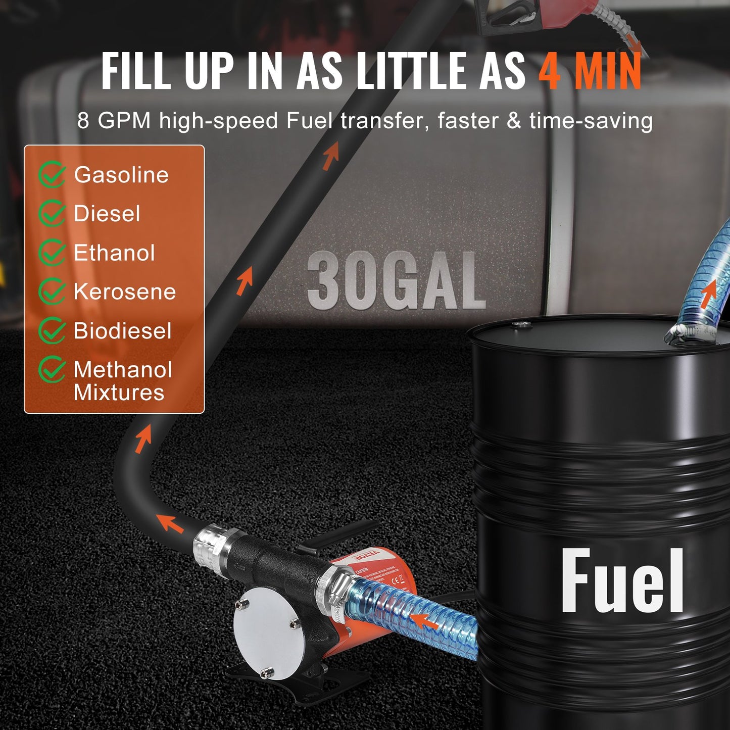 Kraftstoffförderpumpe, 12 V DC, 30 l/min (8 GPM), 124 W (1/6 PS), tragbare elektrische Dieselförderpumpe mit automatischer Abschaltfunktion der Kraftstoffdüse, langer Ein- und Auslassschlauch für Benzin, Diesel, Kerosin und Methanolgemische