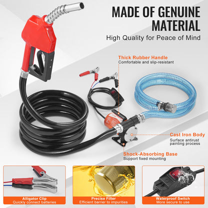 Kraftstoffförderpumpe, 12 V DC, 30 l/min (8 GPM), 124 W (1/6 PS), tragbare elektrische Dieselförderpumpe mit automatischer Abschaltfunktion der Kraftstoffdüse, langer Ein- und Auslassschlauch für Benzin, Diesel, Kerosin und Methanolgemische