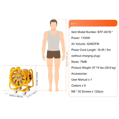 Tragbarer Ventilator, 406,4 mm Hochleistungs-Zylinderventilator, 1100 W starker Werkstatt-Abluftventilator 4240 CFM, 5 m Netzkabel (ohne Ladegerät), Industrieller Universalventilator zum Absaugen von Staub und Rauch in Haus/Werkstatt