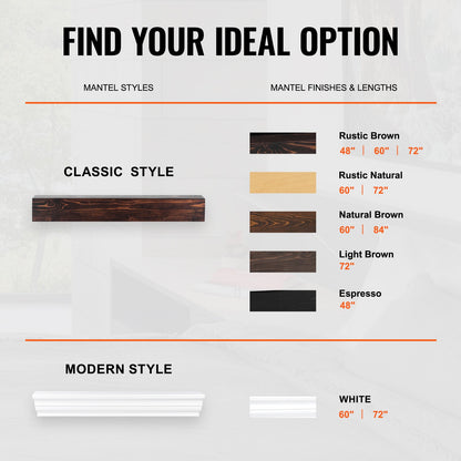 Fireplace Mantel, 48" x 8" x 5", 50 lbs Weight Capacity, Natural Wood Mantel for Over Fireplace, Wall Mounted Floating Farmhouse Shelf, Handcrafted Fireplace Mantel for Wall Decor, Rustic Brown