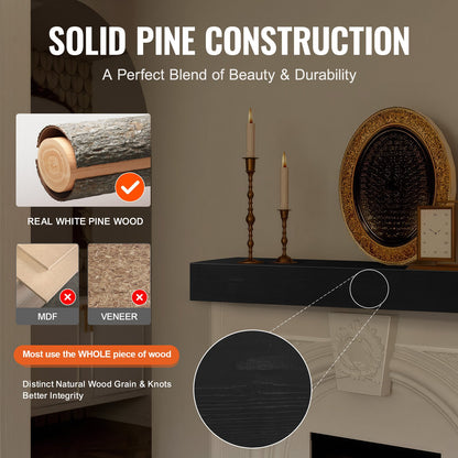 Fireplace Mantel, 48" x 8" x 5", 50 lbs Weight Capacity, Natural Wood Mantel for Over Fireplace, Wall Mounted Floating Farmhouse Shelf, Handcrafted Fireplace Mantel for Wall Decor, Espresso