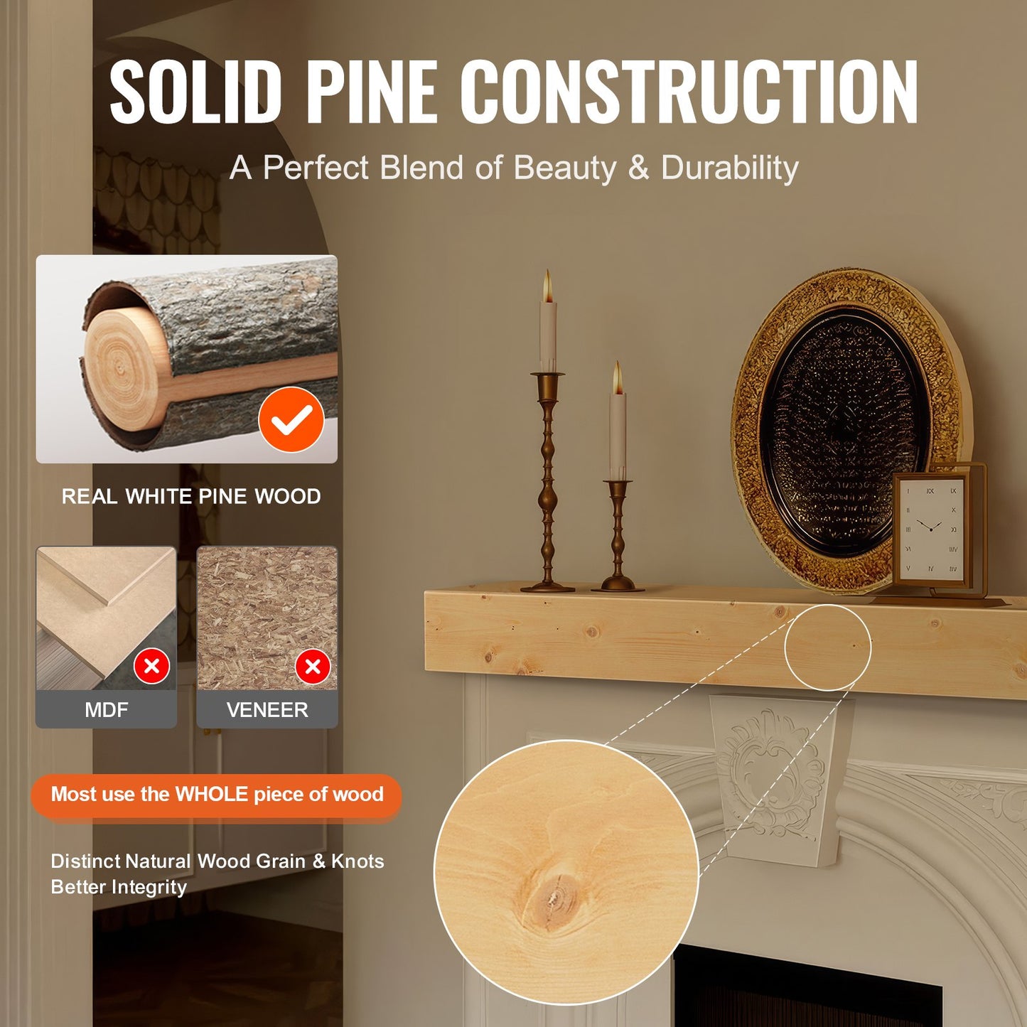 Fireplace Mantel, 60" x 8" x 6", 50 lbs Weight Capacity, Natural Wood Mantel for Over Fireplace, Wall Mounted Floating Farmhouse Shelf, Handcrafted Wood Mantel for Wall Decor, Rustic Natural