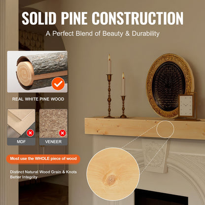 Fireplace Mantel, 60" x 8" x 6", 50 lbs Weight Capacity, Natural Wood Mantel for Over Fireplace, Wall Mounted Floating Farmhouse Shelf, Handcrafted Wood Mantel for Wall Decor, Rustic Natural