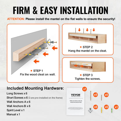 Fireplace Mantel, 72" x 8" x 5", 50 lbs Weight Capacity, Natural Wood Mantel for Over Fireplace, Wall Mounted Floating Farmhouse Shelf, Handcrafted Wood Mantel for Wall Decor, Rustic Natural