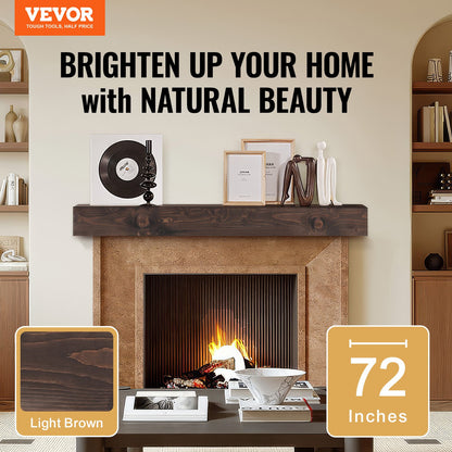 Fireplace Mantel, 72" x 8" x 5", 50 lbs Weight Capacity, Natural Wood Mantel for Over Fireplace, Wall Mounted Floating Farmhouse Shelf, Handcrafted Fireplace Mantel for Wall Decor, Light Brown