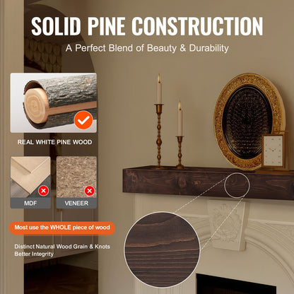 Fireplace Mantel, 72" x 8" x 5", 50 lbs Weight Capacity, Natural Wood Mantel for Over Fireplace, Wall Mounted Floating Farmhouse Shelf, Handcrafted Fireplace Mantel for Wall Decor, Light Brown