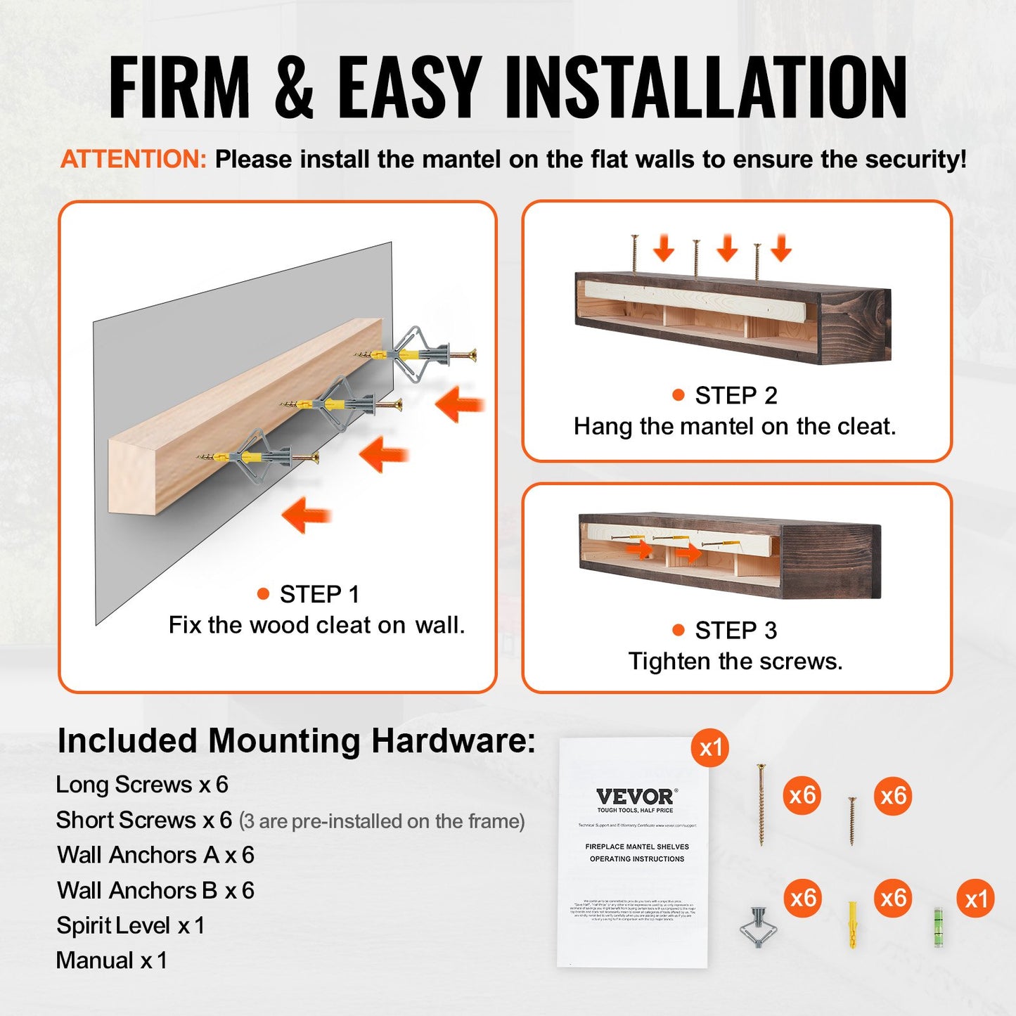 Fireplace Mantel, 72" x 8" x 5", 50 lbs Weight Capacity, Natural Wood Mantel for Over Fireplace, Wall Mounted Floating Farmhouse Shelf, Handcrafted Fireplace Mantel for Wall Decor, Light Brown