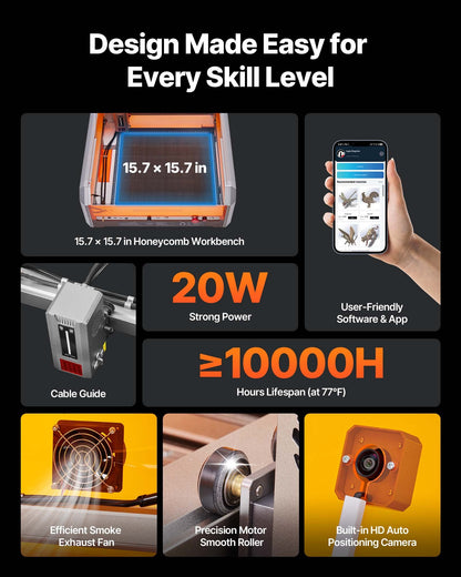 Lasergravierer, 20 W, Lasergravur- und Schneidemaschine mit integrierter Kamera, Laserschneider, Arbeitsbereich 400 x 400 mm, Vorschubgeschwindigkeit 30.000 mm/min, für Holz, Leder, Glas, Papier, bestimmte Metalle, Klasse 1