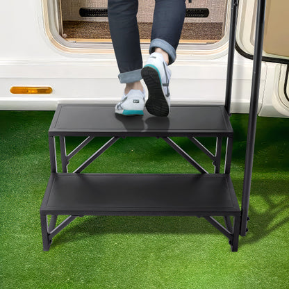 Wohnmobiltreppe, 2-stufige Wohnmobiltreppe, Tragfähigkeit 199,6 kg, verstärkter Kohlenstoffstahl, mit Handlauf, rutschfeste Stufen für sicheren Ein- und Ausstieg, geeignet für Wohnmobile, Anhänger und Camper
