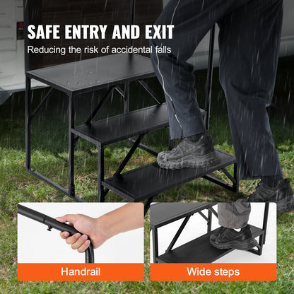 RV Steps, 3-Step RV Stairs, 440 LBS/199.6 kg Load Capacity, Thickened Carbon Steel, With Handrail, Non-Slip Steps for Safe Entry and Exit, Suit for RV, Trailer, Camper Steps