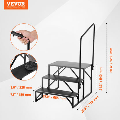 RV Steps, 3-Step RV Stairs, 440 LBS/199.6 kg Load Capacity, Thickened Carbon Steel, With Handrail, Non-Slip Steps for Safe Entry and Exit, Suit for RV, Trailer, Camper Steps