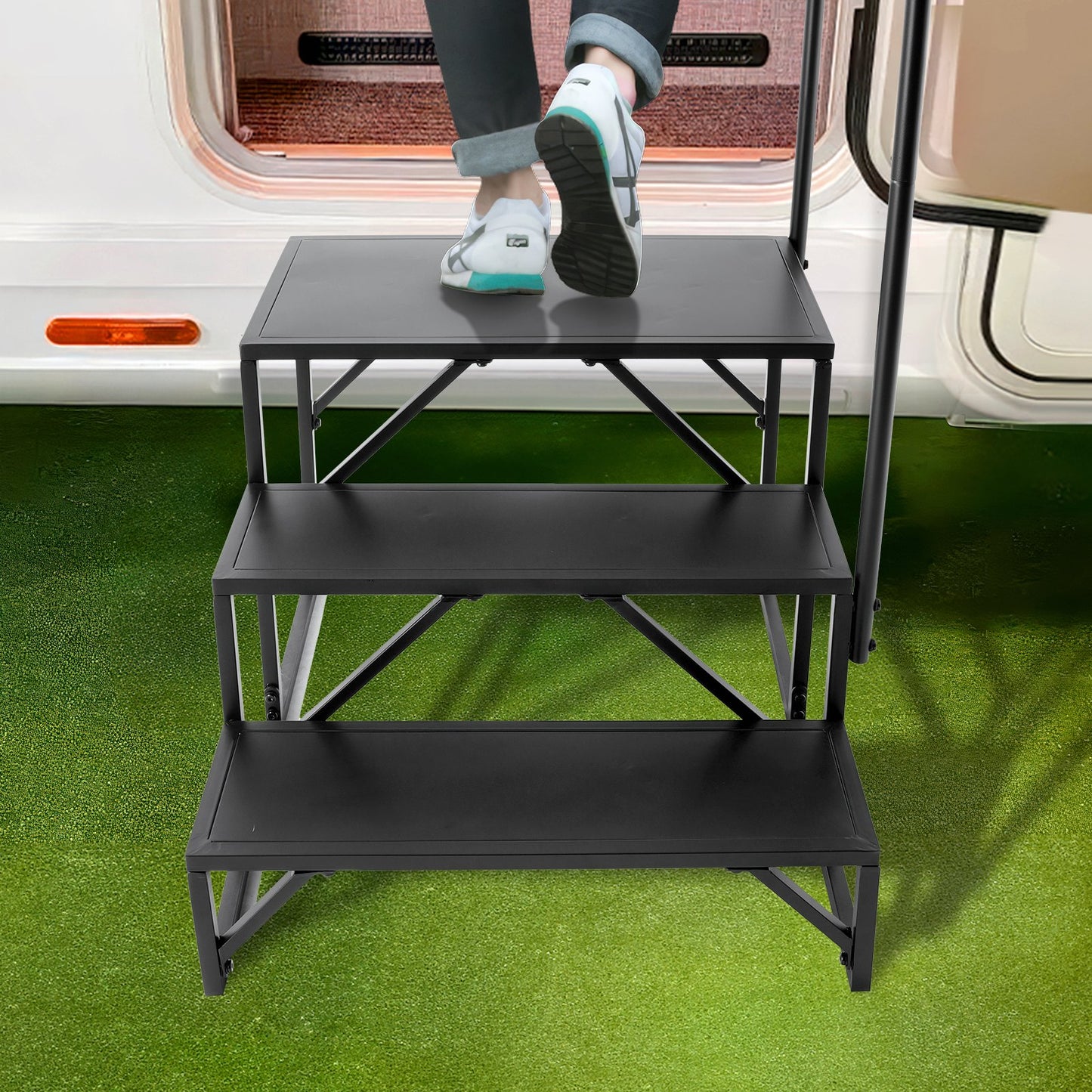 RV Steps, 3-Step RV Stairs, 440 LBS/199.6 kg Load Capacity, Thickened Carbon Steel, With Handrail, Non-Slip Steps for Safe Entry and Exit, Suit for RV, Trailer, Camper Steps