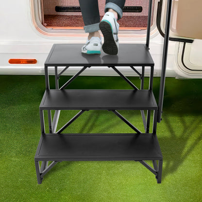 RV Steps, 3-Step RV Stairs, 440 LBS/199.6 kg Load Capacity, Thickened Carbon Steel, With Handrail, Non-Slip Steps for Safe Entry and Exit, Suit for RV, Trailer, Camper Steps