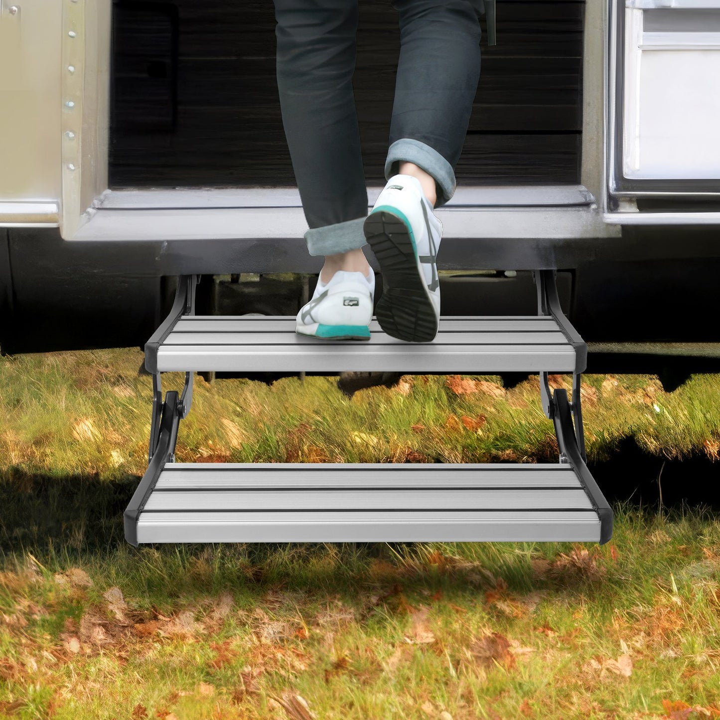 RV Steps, 2-Step, Manual Retractable RV Stairs, Foldable, 440 LBS Load Capacity, Aluminum Alloy Steps, Thickened Steel Plate, Non-Slip Steps for Safe Entry and Exit, RV, Trailer, Camper Steps