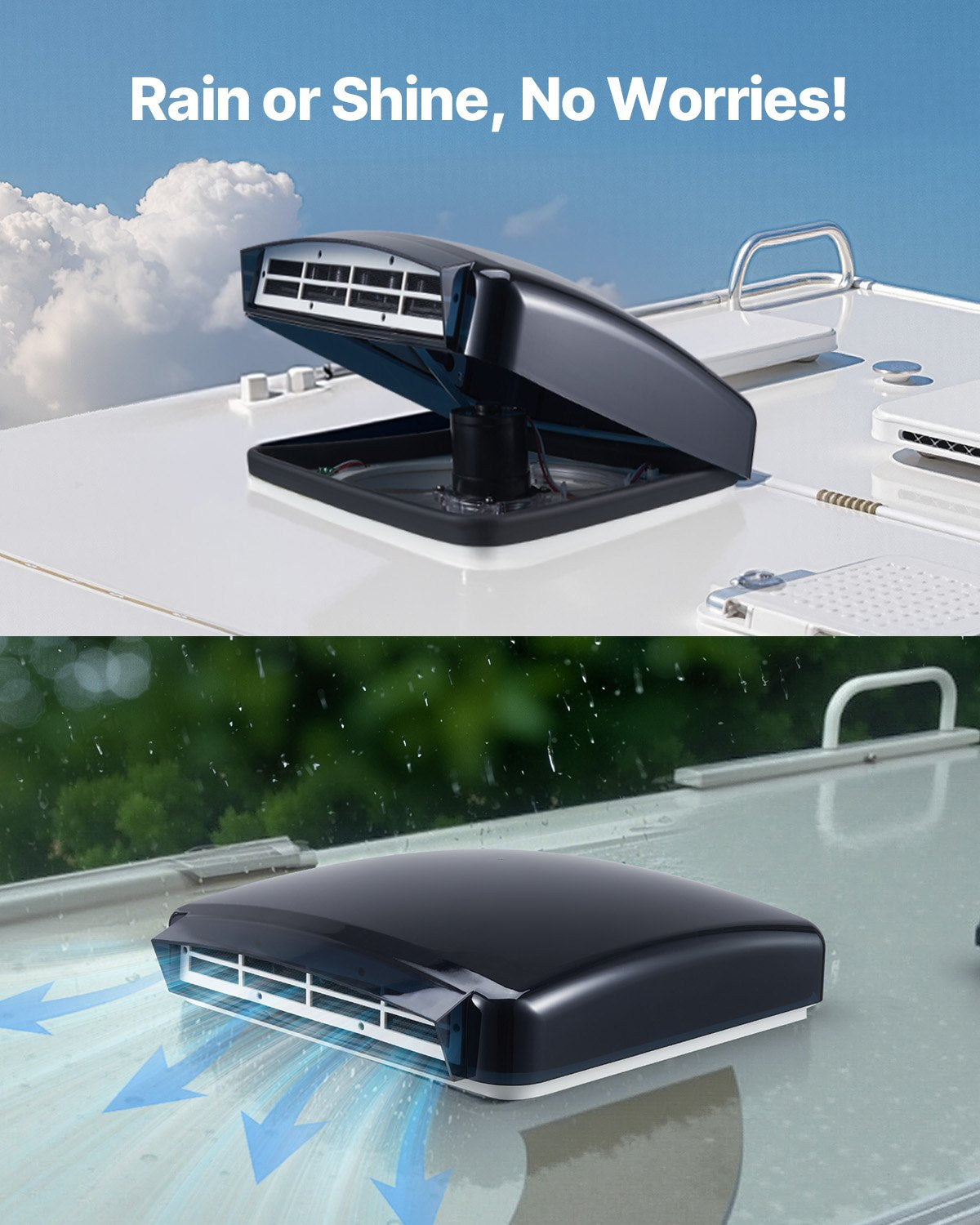 Wohnmobil-Dachlüfter, 14-Zoll-Dachlüfter für Wohnmobile, 12 V, leistungsstarker 10-stufiger reversibler Lüfter mit Fernbedienung, integrierter Regenschutzabdeckung, elektrischer Deckel, 12-Zoll-Lüfterflügel, passend für Dachöffnungen von 14 x 14 Zoll