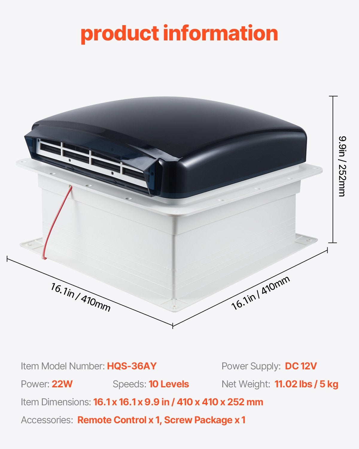 Wohnmobil-Dachlüfter, 14-Zoll-Dachlüfter für Wohnmobile, 12 V, leistungsstarker 10-stufiger reversibler Lüfter mit Fernbedienung, integrierter Regenschutzabdeckung, elektrischer Deckel, 12-Zoll-Lüfterflügel, passend für Dachöffnungen von 14 x 14 Zoll