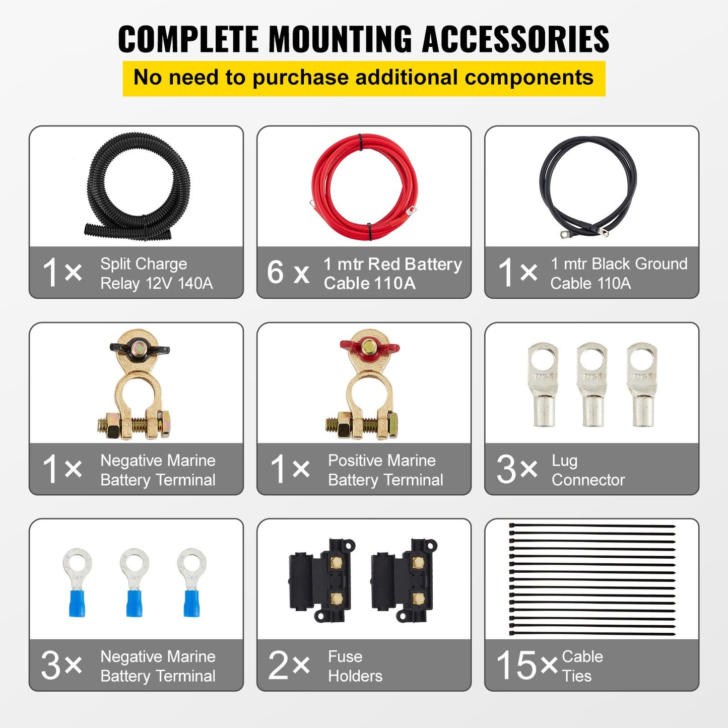Split Charge Relay Kit, 6mtr 12V, Automatic Dual Battery Isolator Kit with 140AMP Voltage Sense Relay VSR, Compatible with RV Marine Car Vehicle Truck Caravan Camper Yacht ATV UTV Boats Workshop