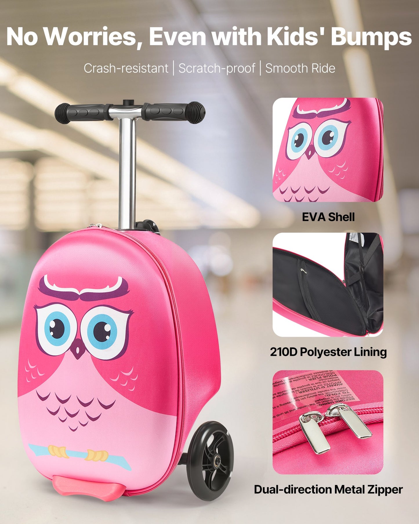 Ride-on Luggage, 20 L Capacity, 20 Inches Kids Scooter Suitcase with Flash PU Wheels, Adjustable Handle & TPR Non-Slip Grip, Foldable & Lightweight Scooter Luggage for Kids Aged 5+, Pink