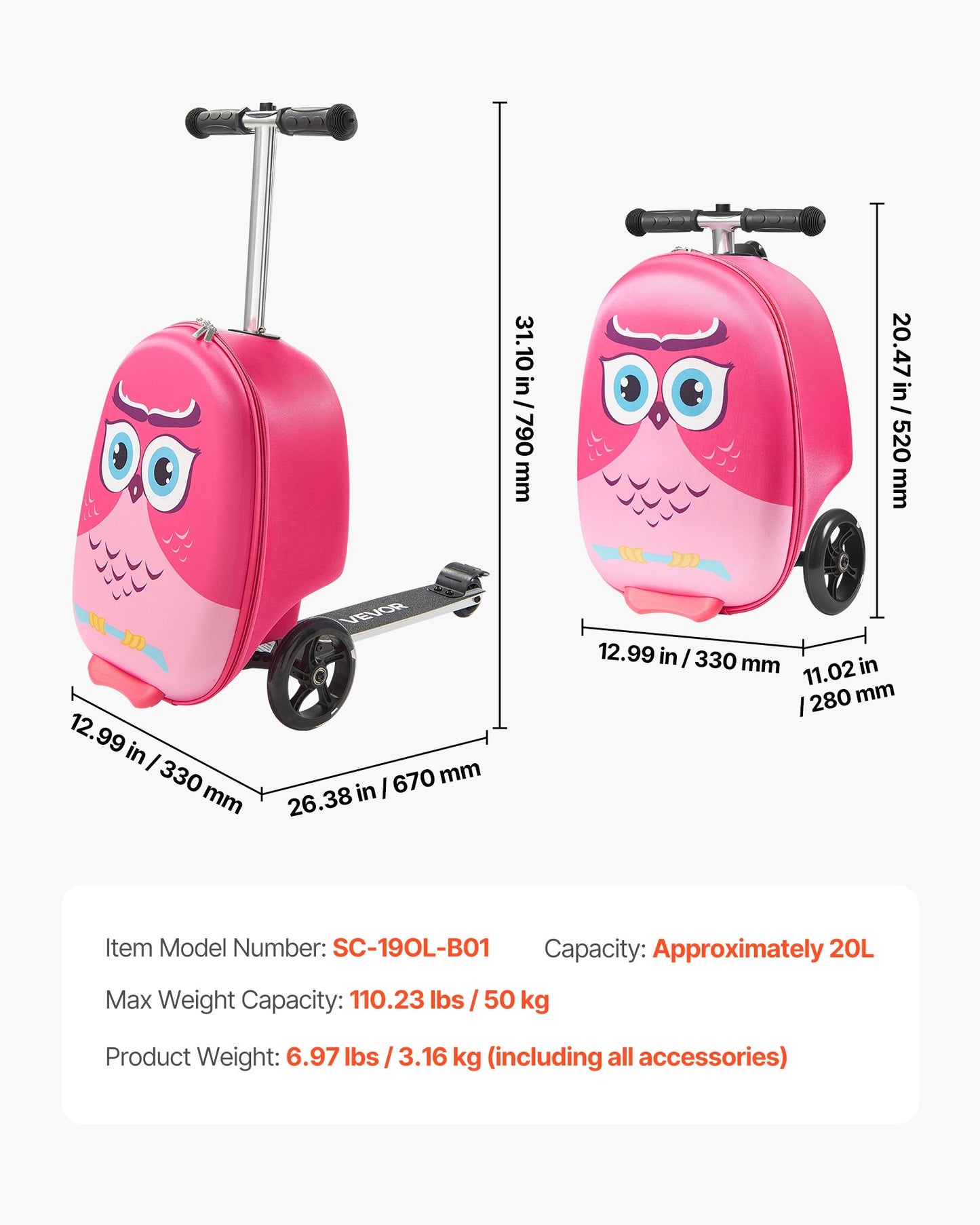 Ride-on Luggage, 20 L Capacity, 20 Inches Kids Scooter Suitcase with Flash PU Wheels, Adjustable Handle & TPR Non-Slip Grip, Foldable & Lightweight Scooter Luggage for Kids Aged 5+, Pink