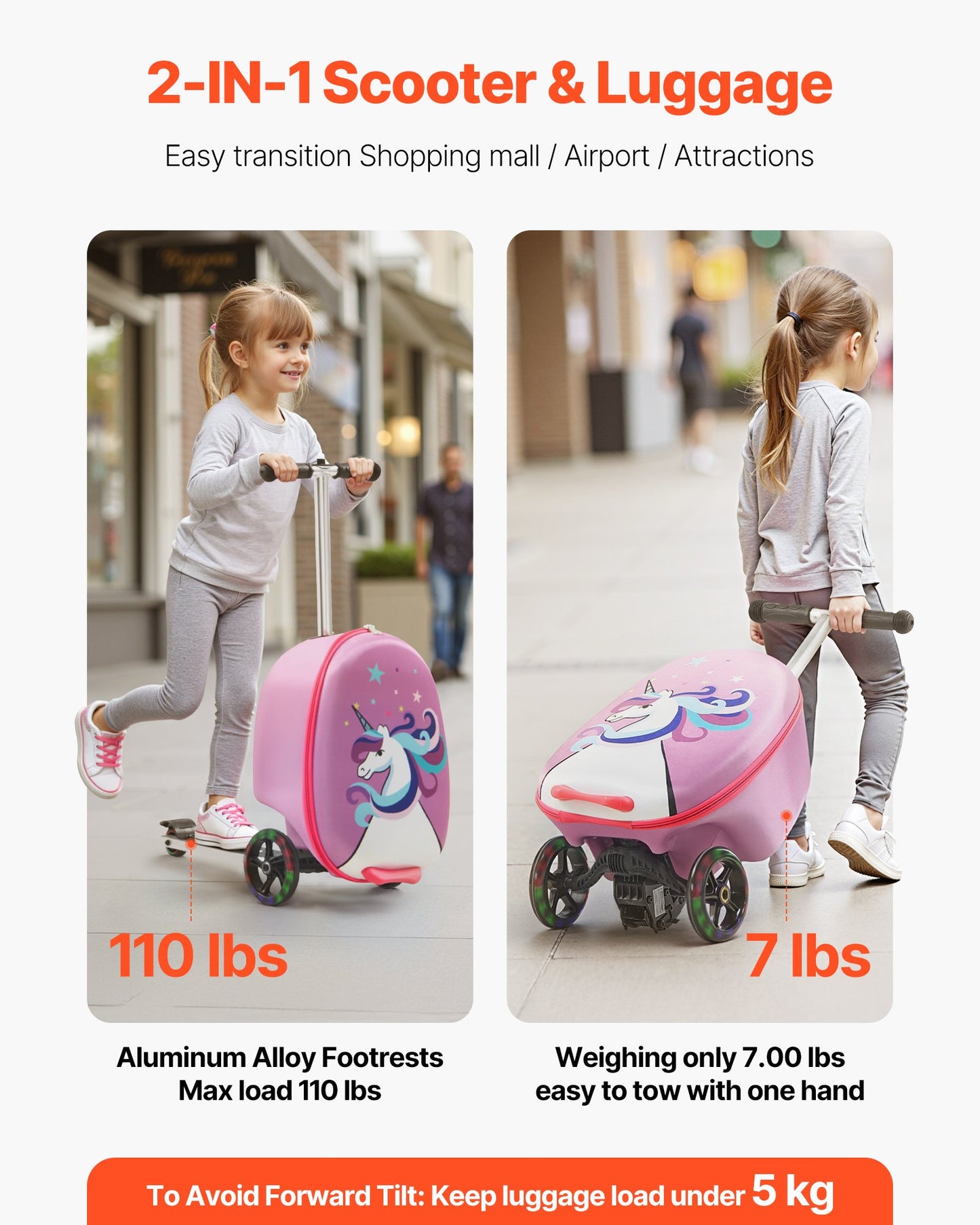 Ride-on Luggage, 20 L Capacity, 20 Inches Kids Scooter Suitcase with Flash PU Wheels, Adjustable Handle & TPR Non-Slip Grip, Foldable & Lightweight Scooter Luggage for Kids Aged 5+, Purple