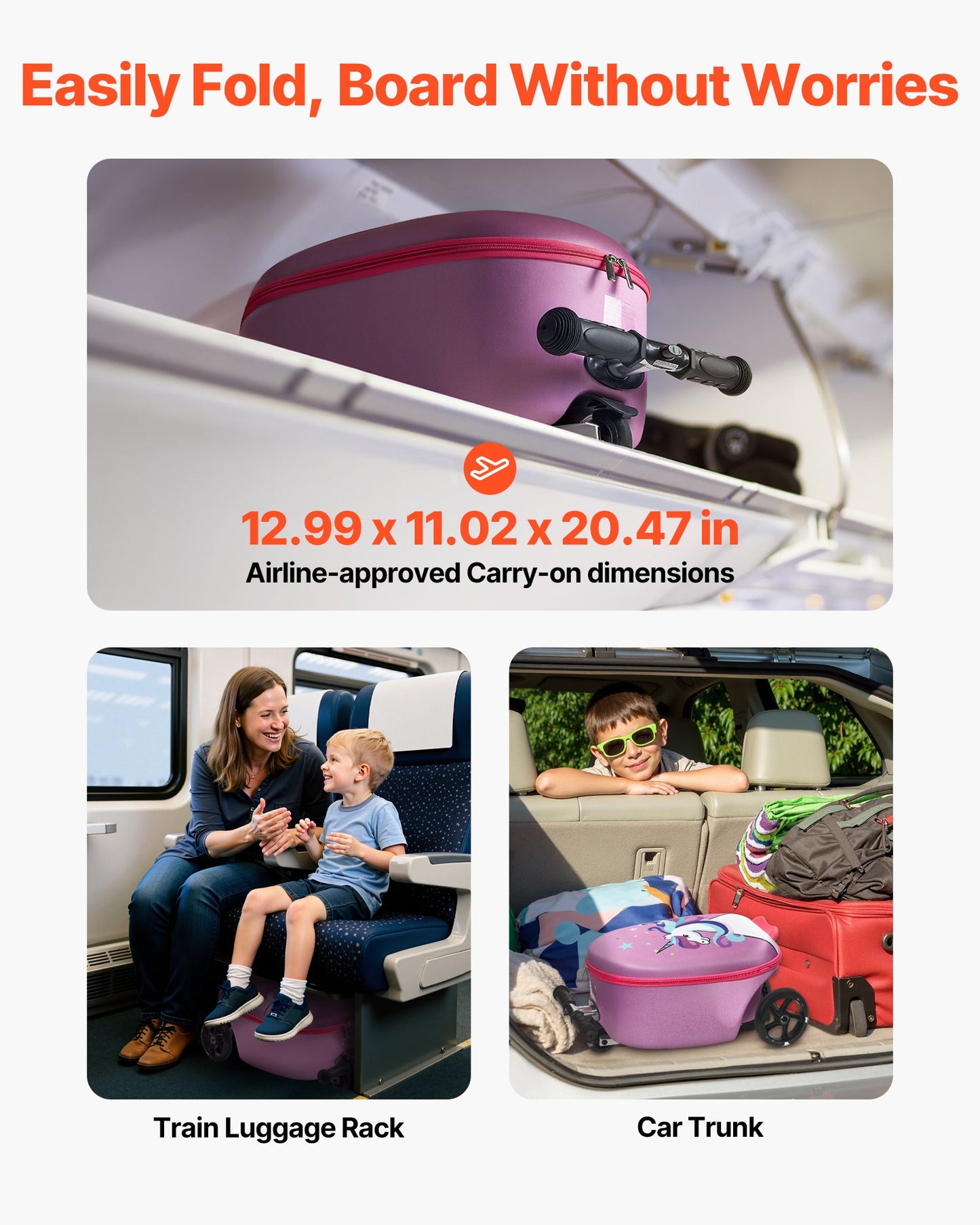 Ride-on Luggage, 20 L Capacity, 20 Inches Kids Scooter Suitcase with Flash PU Wheels, Adjustable Handle & TPR Non-Slip Grip, Foldable & Lightweight Scooter Luggage for Kids Aged 5+, Purple