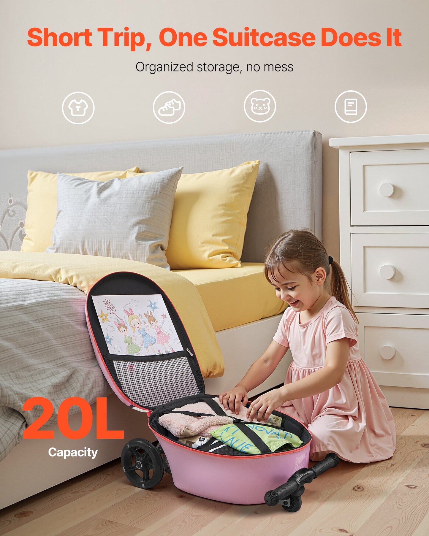 Ride-on Luggage, 20 L Capacity, 20 Inches Kids Scooter Suitcase with Flash PU Wheels, Adjustable Handle & TPR Non-Slip Grip, Foldable & Lightweight Scooter Luggage for Kids Aged 5+, Purple